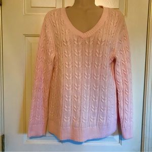 Pale pink 100% cotton cable knit v-neck sweater